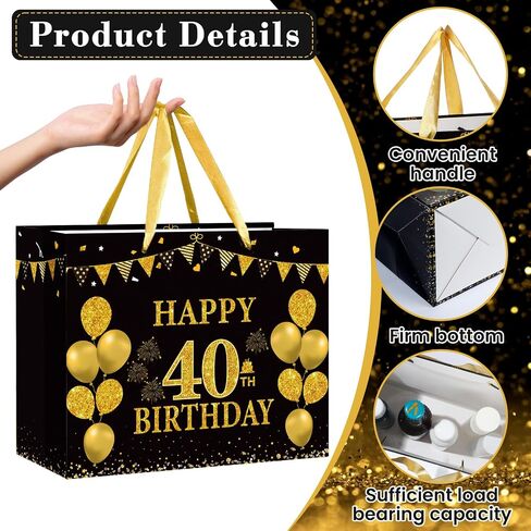 Yoirrat Black Gold 40 Hift Birthday Bag مع بطاقة تحية وورق للأنسجة للرجال - حقيبة تغليف الهدايا مع مقابض لإمدادات ديكور حفلة عيد الميلاد in Saudi Arabia