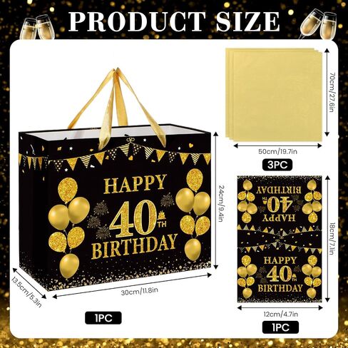 Yoirrat Black Gold 40 Hift Birthday Bag مع بطاقة تحية وورق للأنسجة للرجال - حقيبة تغليف الهدايا مع مقابض لإمدادات ديكور حفلة عيد الميلاد in Saudi Arabia