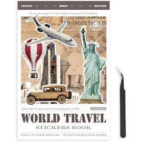 Travel Sticker Book, 52 Sheets 377 Pcs of Washi Stickers for Journaling Vintage Travel Scrapbooking Supplies Ideal for Scrapbookers DIY Junk Journals Stickers