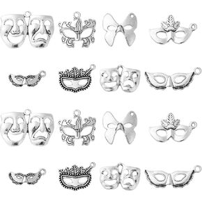 Ornazy 80 pcs 8 Style Tibetan Drama Mask Charms Antique Silver Mardi Gras Charms Vintage Masquerade Mask Charms for Jewelry Making Bracelet Bulk