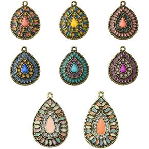Ornazy 18 pcs 9 Style Tribal Theme Enamel Boho Tear Drop Charms Antique Bronze Charms Tibetan Colorful Western Teardrop Charms for Jewelry Making Women DIY Earring Crafts