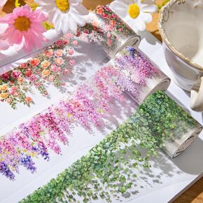 3 Rolls Floral Washi Tape,Colorful Rose Vine Flower Washi Tape Stickers,Self-Adhesive Green Leaf PET Tape Vintage Washi Tape,Decorative Tape for Crafts Scrapbook Journal Notebook Photo Album Gift Wrap