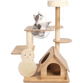 Wooden Cat Tree with Scratching Post, Snowman Chalet Climbing Tower for Cats, Cat Tower for Indoor Cats,Modern Cat Furniture,40.3inch