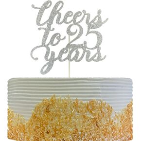 Cheers to 25 Years Cake Topper for 25th Birthday/Anniversary Party Cake Decorations Supplies, Double Sided Silver Glitter