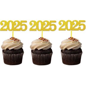 24 Pack 2025 Cupcake Toppers ، Glitter 2025 Food Cake يختار الديكور لعيد عيد ميلاد التخرج حفل زفاف ديكور الحلوى (الذهب)