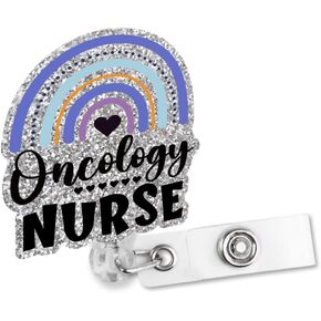 Oncology Nurse Retractable Glitter Cute Badge Reel With Alligator Clip, Funny Rainbow Badge Holder Gift for Cancer Care RN NP LPN Nursing Student, Cancer Nurse Appreciation Gift