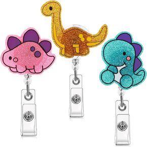 3 Packs Cute Badge Reels Retractable, Dinosaur ID Badge Holder Name Badge Holder Reel ID Clip Badge Reels Holders Funny Badge Decorative for Nurse Office Worker Teacher Student Grad Gift