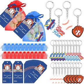 72 Pack Sports Party Return Favors Set Students Gifts 24 Keychains 24 Gift Label Tags 24 Organza Bags for Sport Themed Party Birthday School Rewards(Metal and Rubber,Baseball)