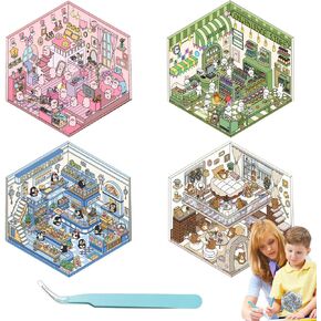 4 Sets DIY 3D House Stickers, Fun DIY 3D Miniature Scene Sticker Therapy for Adults, Cute Korean Cartoon Sticker Scenes, Make Your Own Puffy Stickers