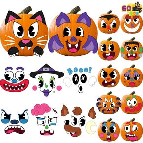 JOYIN 60 Pcs Halloween Pumpkin Decorating Stickers, Halloween Art Craft Party Supplies, Party Favor for Kid, Jack-O-Lantern Face Sticker Sheets, School Activities Pumpkin decor Treat Classroom Goodies