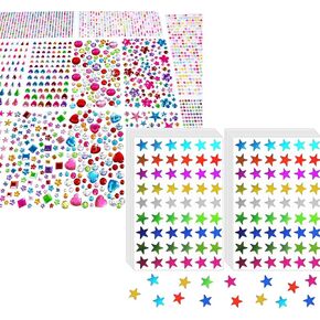 3228pcs ملصقات الأحجار الكريمة+1620pcs ، 9 ألوان ، ملصقات نجمة رقائق صغيرة للأطفال مكافأة المنزل ، ملصقات جوهرة الراين اللاصقة ذاتية