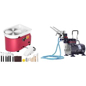 VIVOHOME 28CM 11Inch Large Electric Pottery Wheel Forming Machine Pink with VIVOHOME 110-120V Professional Airbrushing Paint System with 1/5 HP Air Compressor and 3 Airbrush Kits