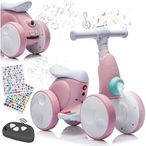 Electric Baby Balance Bike with Bubble Machine for 1 Year Old Boys Girls 4 in 1 Toddler Balance Bike 12-48 Month Kids Bubble Bike Ride Toys First Birthday Gift with Powered Motor,Music,LED Lights