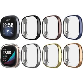 GHIJKL 8 Pack Case Compatible with Fitbit Versa 3 / Sense Screen Protector, Ultra Slim TPU Plated Cover Anti-Scratch Shockproof All Around Bumper Shell Accessories for Fitbit Sense/Versa 3 Smartwatch