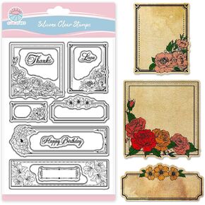 Globleland Floral Label Frame Stamps Clear for Scrapbooking Rose Lily Silicone Stamps Flower Flower Transpharent Stamprent For Card Making DIY Journaling Journaling