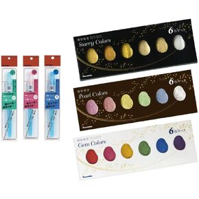 Kuretake Gansai Tambi Starry/Pearl/Gem 6 Colors و 3 أقلام فرشاة المياه ، مجموعة ألوان مائية ، جودة مهنية للفنانين والحرفيين ، ألوان مائية للبالغين ، مصنوعة في اليابان