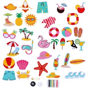 33 PCS Summer Iron On Patches ، Hawaiian Holiday Style Beach Sewridered On Patches Report Cute Repans Decorative Threadique for Clothing Hat Shirt Bag Decorations