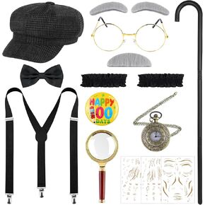 AOTHSO 12 Pcs Boy Old Man Costume 100 Days of School Outfit 1920s Kid Grandpa Outfit with Newsboy Cap Suspender Magnify Glass