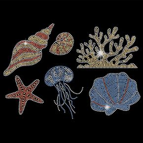 Superdant 6 PCS Ocean موضوع الحديد على أحجار الراين نقل الأسقلوب و Starfish Crystal نقل الحرارة الحديد على شارات بقع Rhinestone Patches لـ T-Shirt Clothing Craft Art Craft 21x29.7cm