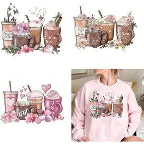 3pcs Coffee Latte Design Iron On Transfers for T-Shirts, Clothing, DIY Crafts - Vinyl, 15x15cm/5.9x5.9 inch, 5 Pieces