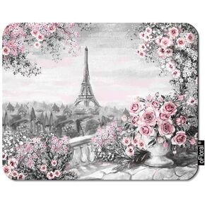Ofloral Eiffel Tower Gaming Mouse Pad Paris Gentle City France Gray Oil Paint Pink Rose Flowers Decorative Mousepad Rubber Base Decor