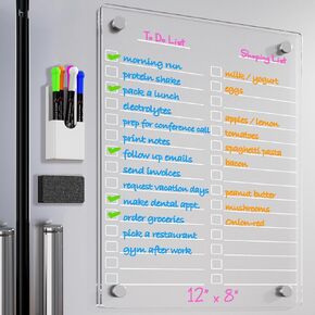 لوحة محو أكريليك جاف لاستدعاء لوحة للثلاجة 12 "x8" Clear Note Board Magnet Whiteboardwith 5 علامات الملاحظة لوحة المغناطيس الأبيض