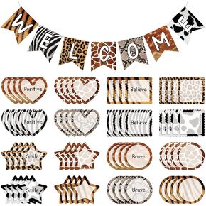 61 PCS لافتة ترحيب مع 60 قواطع Boho محايدة Bulletin Board Board Set Decorations Star Round Square Hearts Clutouts للعودة إلى ديكور جدار نشرة المدرسة (نمط نسيج الحيوانات)