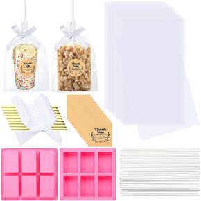wavwavw 100 pcs clear rice krispy facs with bhite sticks ripbon stickers 2 pcs silicone crispy bar joll for rice krispie يعالج الهدايا إعطاء حقيبة شوكولاتة لحفلات التعبئة والتغليف
