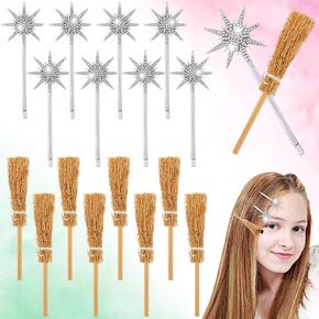 24 PCS Princess and Witch Party Forms Set Set Set Set Set Set 12 Wizard Witch Broom Clips و 12 Silver Star Snowflake Hair Hights for Women Movie Party Decor Cosplay Supplies