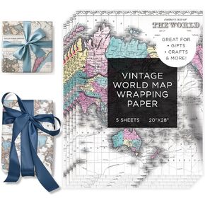 Vintage Map of the World Wrapping Paper - Premium 28"X20" 5-Sheet Gift Wrap Per Pack. Spectacular Colton 1855 Edition. Unique, Strong & Recyclable - From Journo Travel. (2 STYLES AVAILABLE)