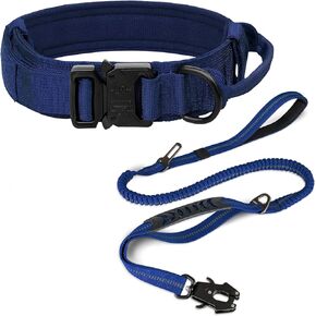 Joytale Tactical Dog Collar (20 "-24") ومجموعة مقود الكلاب ، طوق الكلب القوي القابل للتعديل مع مقود الكلب الذي يمتص الصدمات للكلاب الكبيرة الإضافية (NavyBlue ، XL)