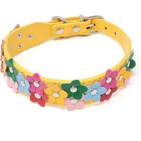 Yueton 1pcs جلود ملونة مزدوجة صف زهرة الحيوانات الأليفة طوق زهرة الكلب الصغيرة طيلة قابلة للتعديل سلسلة الكلب الصفراء حلقة الأليف متوسطة الحجم جرو هريرة الرقبة 0.98x16.5inch