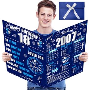 Jumbo Happy 18th Birthday Card With Envelope for Boy, Large Blue Silver 18 Birthday Greeting Guest Book Party Supplies,Big Back in 2007 Eighteen Bday Signature Gift