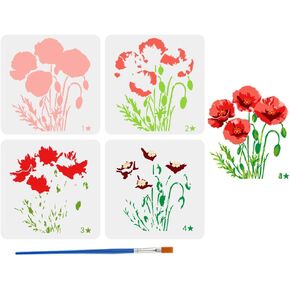 Fingerinspire 4 PCS Poppy Flowers Stencils للطلاء 11.8x11.8 بوصة زهور مقسمة قوالب رسم مع فرشاة مجوفة أنماط زهور الخشخ