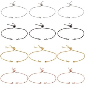 1 Box 12Pcs 4 Colors Slider Bracelet Chain Adjustable Slider Bracelets Bead Ends Chains with Rhinestone End Brass Findings for Jewelry Making Supplies DIY Crafts Friendship Accessories