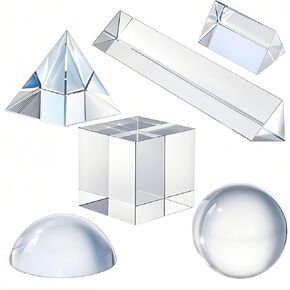 Qfkris 6 Pack K9 مجموعة Prism Prism البصرية البصرية ، تشمل الكرة البلورية 50 مم ، مكعب ، هرم بصري ، 50 مم و 150 مم من المنشور الثلاثي ، قبة 60 مم مكبرة مع القماش للتدريس ، واللعب