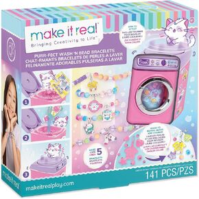 Make It Real: Purr-FECT Wash 'N Bead Bracelets - 141pc, DIY Jewelry Craft Kit, Design-Make 5 Charm Bracelets, Spin to Style, Bead Cleaning, Kids 8+