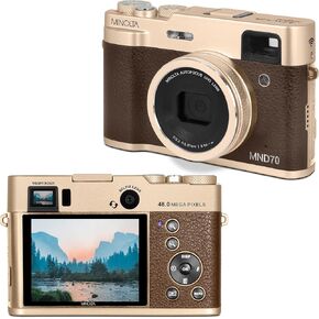 Minolta MND70 Retro 48 MP Autofocus Digital Camera with 5K Ultra HD Video, Rear Selfie Lens & WiFi, Gold