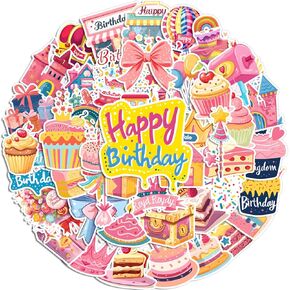 50pcs ملصقات عيد ميلاد سعيد الجزء الأكبر: ملصقات كعكة عيد ميلاد الوردي للاصطدام الجمالي لمصممة كاواي من أجل حفلة عيد ميلاد لصالح ملصق المعلم للطلاب جائزة زجاجات المياه المحمولة