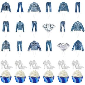 48pcs الدنيم والماس كب كيك أعلى القبعات العليا قطرات الدنيم عالي الكعب أحذية موضوع الحفلة ديكورات الدنيم سترة جينز كب كيك يختار الكريستال العازبة الزفاف ديكورات عيد ميلاد ديكور عيد ميلاد