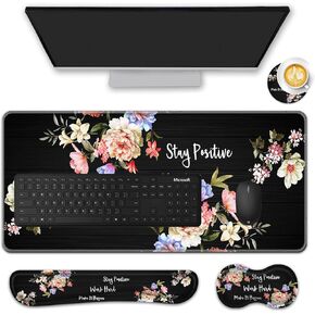 Mouse Pad Set,(31.5×11.8 in)Desk Pad + Keyboard Wrist Rest Support + Mouse Wrist Rest + Coaster for office,home,computer,laptop,Stay Positive Work Hard and Make It Happen Inspirational Quotes