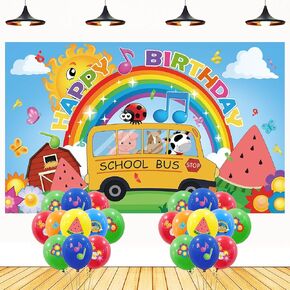 25Pcs Cartoon Melon Birthday Party Supplies,Kid Party Decorations Banner Balloons Set School Bus Backdrop Boys and Girls Happy Birthday Backdrop