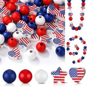 200 Pieces 4th of July Independence Day Wood Beads Patriotic Blue Red and White Wooden Craft DIY Round Rustic Farmhouse Independent Day July 4th Tiered Tray Decor