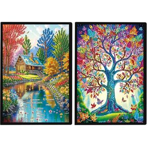 Jishshay 2 PCS Diamond Art Notebook Journal Diamond Painting Note Book Gem Art Sketchbook Gem Painting A5 Notebook Mosaic Kits for البالغين مذكرات خاصة 14.5 × 21 سم/5.7 × 8.26 بوصة شجرة المنزل