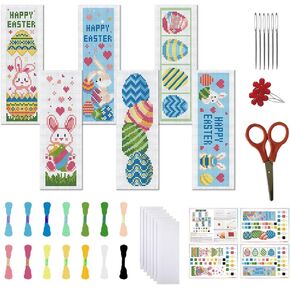 FreeBloss 6 Set Easter Cross Stitch Borkmark Kits Easter Eggs Pattern Stamped Cross Stitch Kit مع تعليمات واضحة مرجعية مرجعية عبر غرزة أدوات الإشارات التطريز للمبتدئين للبالغين