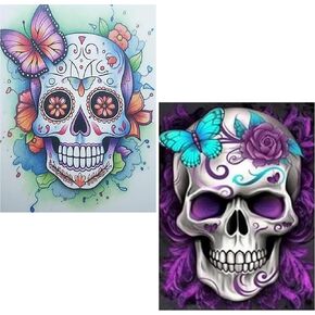 SKRYUIE 2 Pack 5D Diamond Painting Skull with Butterfly Full Drill Paint with Diamond Art Kits for Adults, Skeleton Flower DIY Painting by Number Kits Rhinestone Wall Home Decor 30x40cm (12"x16")