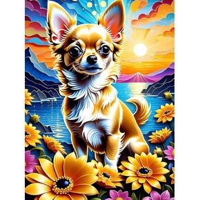 GHYRWQT Adult 5D Diamond Painting Kit, Sunset Scenery for Beginners, DIY Painting Chihuahua Round Full Diamond, Colorful Animals Gemstone Art for Home Wall Decoration, Gifts 12x16 inch