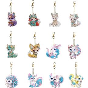 فوكس دياس فنية اللوحة مفاتيح مجموعات مفاتيح 12 مساءً حيوانات مزدوجة 5 د الحفر الكامل DIY Diamond Key Rings الحلي الفنية للأطفال البالغين ديكور المنزل