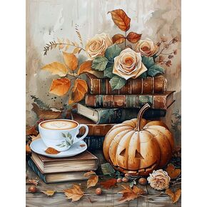 Bimkole 5D Diamond Art Kits for Adults Pumpkin Book, Full Drill DIY Rhinestone Embroidery Set Paint with Diamonds Art Coffee by Number Kits Cross Stitch Home Wall Craft Decoration 12x16 Inch