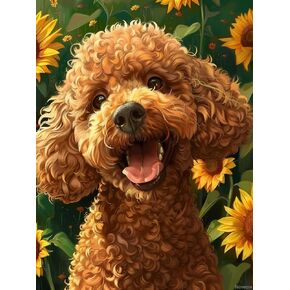 Cute Brown Poodle Dog in Sunflowers 5D Diamond Art Painting by Number Kits for Adults DIY Paint with Full Drill Round Diamond Gems Painting Art Craft for Home Wall Decor 12x16 inch
